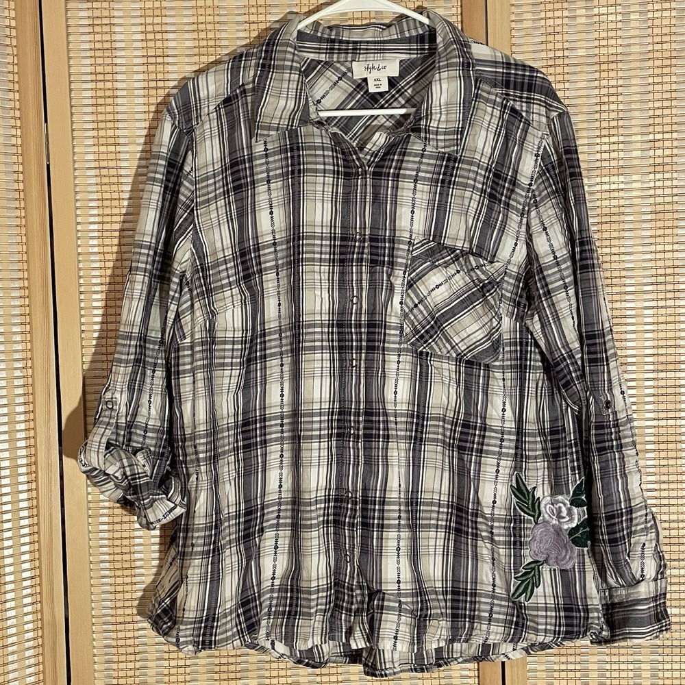 Style & Co. Womens 2XL‎ Top Snap Up Roll Tab Sleeves Plaid Embroidered